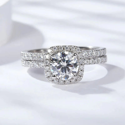 The Anastasia Round Cut Halo Pave Moissanite Wedding Set - Solstice