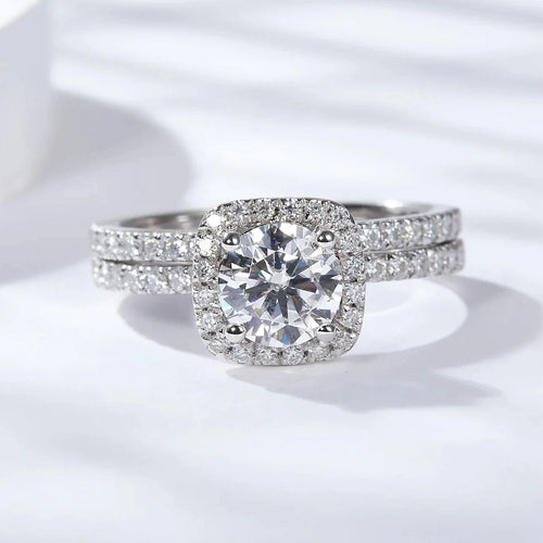 The Anastasia Round Cut Halo Pave Moissanite Wedding Set