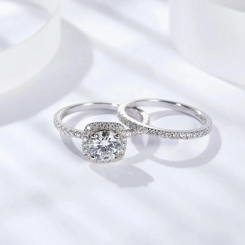 The Anastasia Round Cut Halo Pave Moissanite Wedding Set