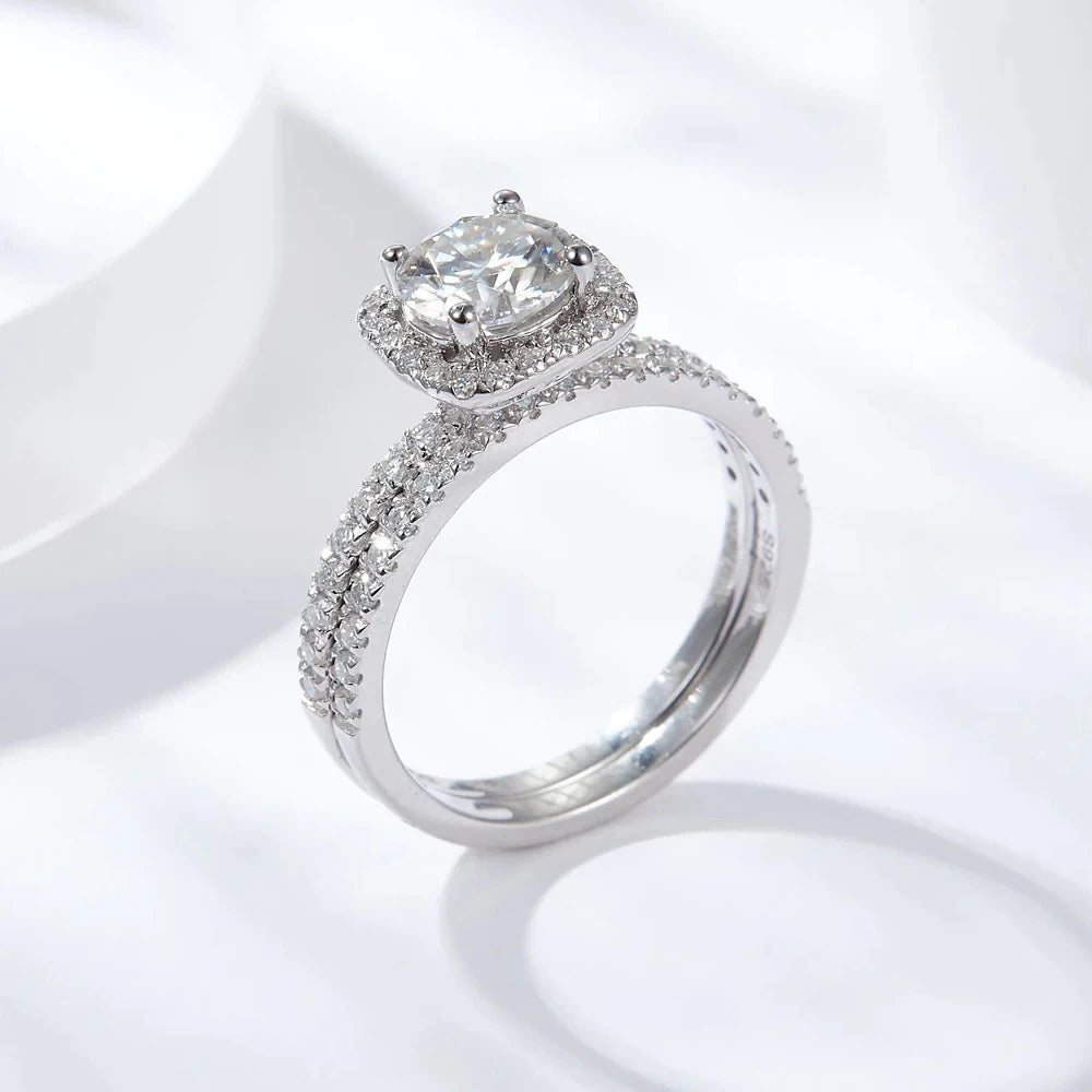 The Anastasia Round Cut Halo Pave Moissanite Wedding Set - Solstice