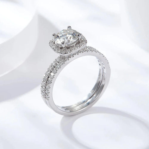 The Anastasia Round Cut Halo Pave Moissanite Wedding Set