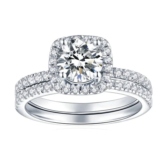 The Anastasia Round Cut Halo Pave Moissanite Wedding Set