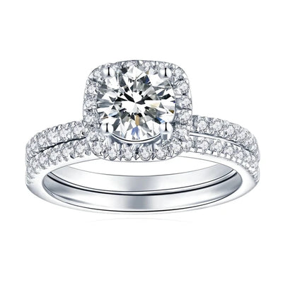 The Anastasia Round Cut Halo Pave Moissanite Wedding Set - Solstice
